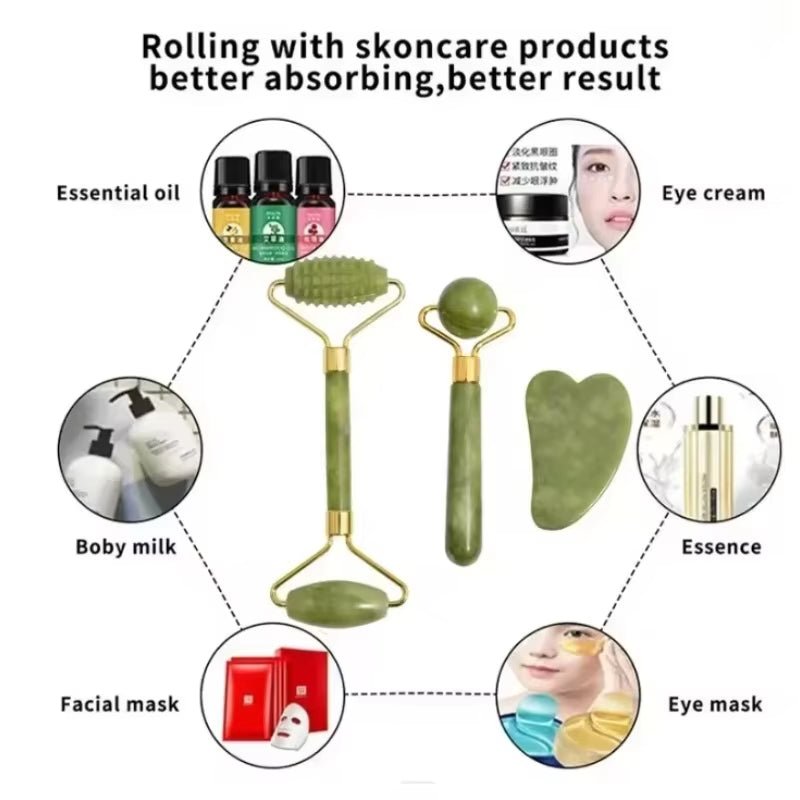 Natural Jade Roller Massager for Face Roller Facial Lifting Anti-Wrinkle Gua Sha Jade Stone Face Massager Beauty Skin Care Tool